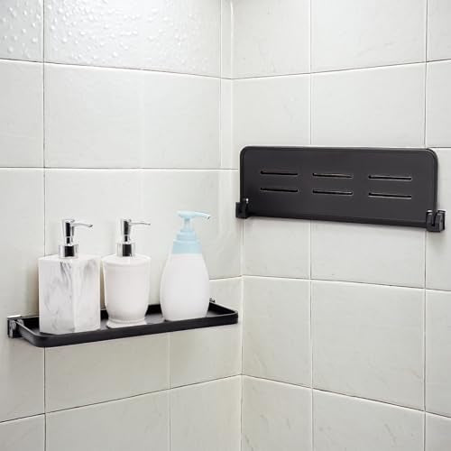 DEAYOU 2 Pack Folding Wall Shelf for Bathroom, 90° Fold Up Floating Shelf, Wall Mounted Drop Down Metal Shelves for RV, Campers, Laundry Room, Toilet Room, Kitchen, Waterproof, Space Saving, 15.7"