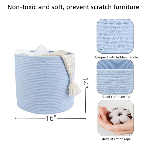 XUANGUO Cotton Rope Basket For Girls Boys Kids 16”X14” Baby Laundry Baskets Nursery Bin Round Woven Basket For Storage Toys Blankets Shoes Clothes blue - color: blue