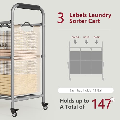 Tajsoon 3 Bag Laundry Sorter Cart, Laundry Hamper Sorter Basket with Heavy Duty Lockable Rolling Wheels for Clothes Storage, Beige - color: Beige, size: 3 Bag