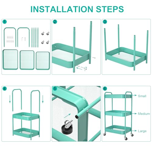 3-Tier Rolling Metal Storage Cart with Wheels, Multi-Functional Organizer for Office, Kitchen, Bathroom, Books Diapers - Easy Assembly (Blue) - color: Blue