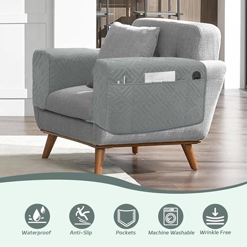 MEHIDFY Sofa Arm Cover, Waterproof Couch Armrest Protector, Anti-Slip Sofa Cover, Remote Holder for Armchair, Recliner Caddy with 3 Pockets for TV Remote, Phone, Pad, Pen, Book(Grey 2pcs) - color: Grey