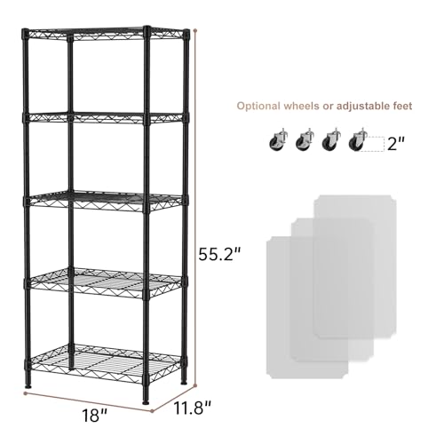 SINGAYE 5 Small Wire Shelves Kitchen Pantry Close Home Organizers and Storage Bathroom Shelf Laundry Room Organization Adjustable Book Metal Garage Shelving Unit - color: Black, size: 5-Tier 11.8"D X 17.3"W X 57.2"H
