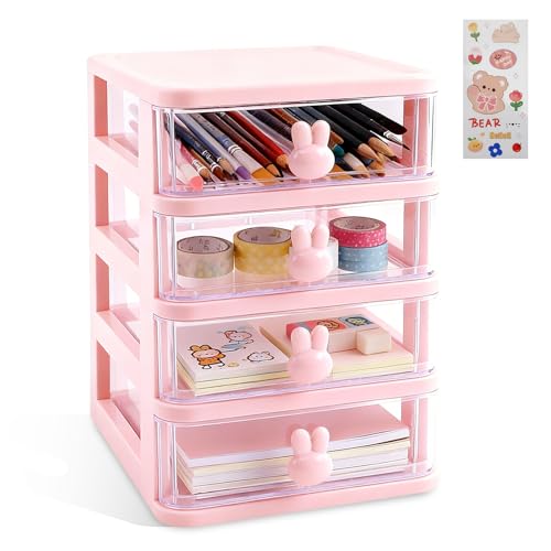 Desk Organizer with Drawer, Stackable Makeup Organizer White, Small Plastic Storage Box for Desktop, Bathroom Counter or Dresser, School, Home, Office (Pink-4 Tier) - color: Pink-4 Tier