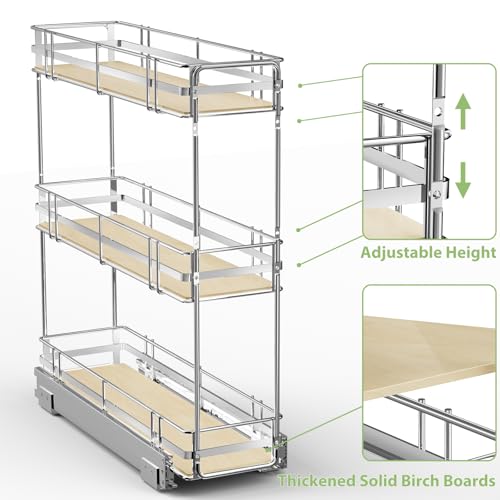 ROOMTEC 3-Tier Pull Out Cabinet Organizer Spice Rack for Narrow Cabinet 5" W x 20½" D, Slide Out Wood Shelves Storage for Kitchen - size: 5" W x 20½" D, 3 Tier, Wood Shelves