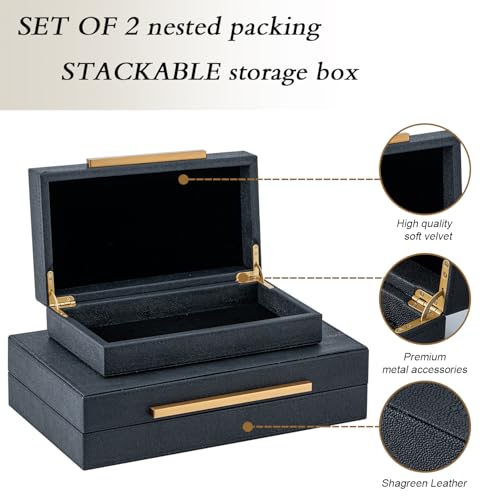 Set of 2 Black Shagreen Storage Boxes with Gold Metal Handles – Faux Leather Jewelry Organizer, Nesting Decorative Box for Photos, Memory Keepsake, Home & Office Decor - color: Black+Gold Handles