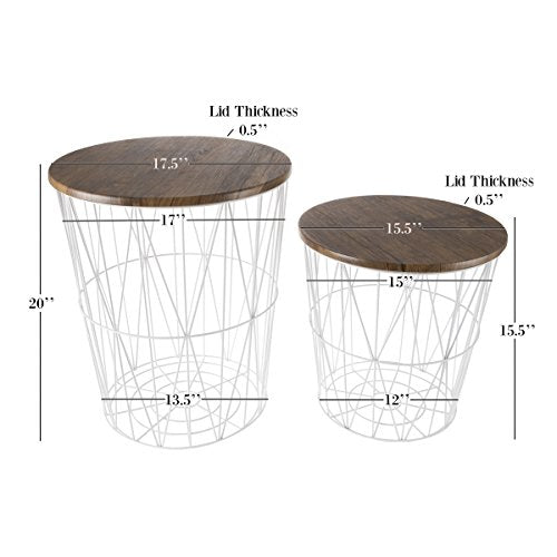 End Tables Set of 2 - Nesting Tables with Removable Wood Tops and Metal Wire Baskets for Blanket Storage - Round Side Furniture for Living Room, Bedroom, or Home Office by Lavish Home (Brown/White) - color: White Diamond