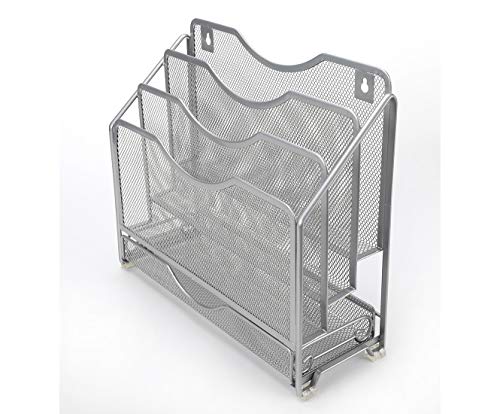 EasyPAG Mesh Desk Paper Organizer Wall Hanging File Holder with 3 Upright File Rack and Sliding Drawer,Silver - color: Silver