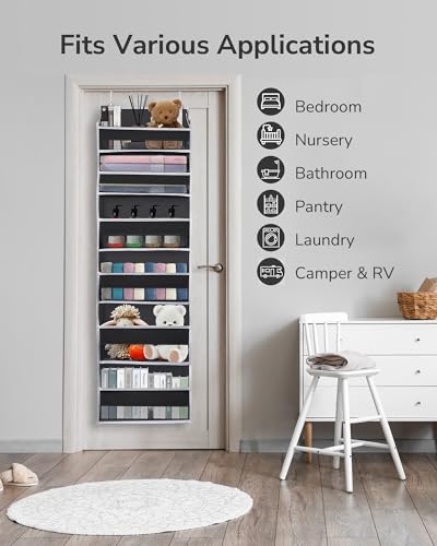 ULG Over The Door Organizer with 6 Large Pockets 12 Side Pockets, 50lbs Weight Capacity Door Hanging Organizer for Bedroom, Bathroom Black - color: Black, size: 1 Pack