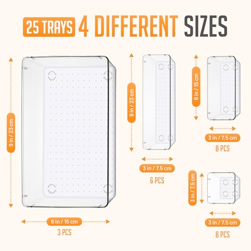 Masirs Clear Drawer Organizers Set 25 PCS – Plastic Storage Bins for Desk, Kitchen, Bathroom, Vanity – Modular, Stackable, Non-Slip Drawer Organizer Trays for Makeup, Utensils, Office Supplies - size: 25-Piece Set