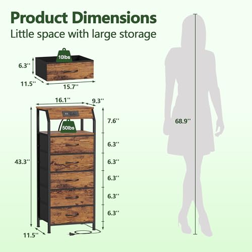 Furnulem 5 Drawers Dresser with Charging Station, Tall Night Stand with Storage Shelf, Fabric Chest of Drawers, Bedside Table for Closet, Entryway, Bedroom Furniture, 3 Ways to Use, Rustic Brown - color: Rustic Brown, size: 5 Drawer