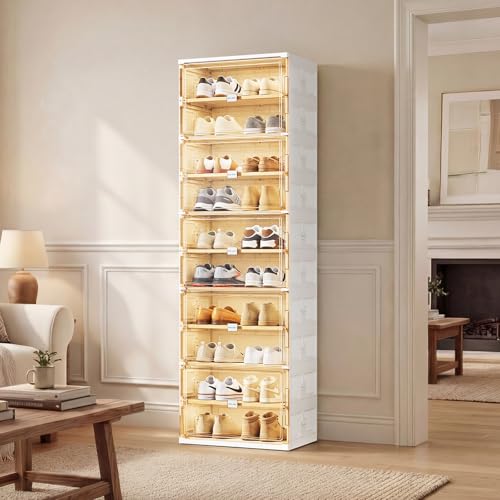 JEKO&JEKO 10 Tiers Foldable Shoe Rack Organizer Cabinet for Closet Entryway, Large Collapsible Shoe Storage Box with Magnetic Doors (White) - color: Single-row, size: 10 Tiers (Standard Tiers Only)
