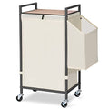Laundry Hamper with Rustic Brown Lid & Wheels; 96L Large Rolling Laundry Basket with Removable Oxford Liner Bag; Tall Freestanding Dirty Clothes Hamper with Side Pocket; Metal Frame Laundry Cart - color: Beige