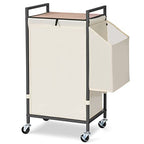 Laundry Hamper with Rustic Brown Lid & Wheels; 96L Large Rolling Laundry Basket with Removable Oxford Liner Bag; Tall Freestanding Dirty Clothes Hamper with Side Pocket; Metal Frame Laundry Cart - color: Beige
