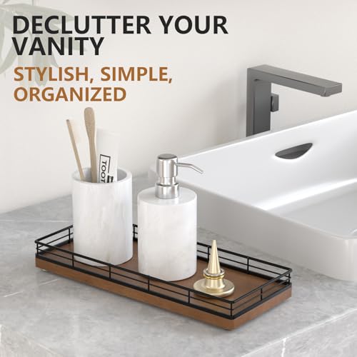 Bathroom Tray for Counter Top Organizer – Oak Wood Vanity Tray with Metal Frame for Dresser, Kitchen, Nightstand – Black & Brown Decorative Storage - color: Black & Brown, size: 11" x 4.5" x 1.5"