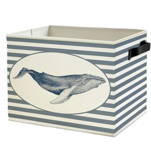 Coastal Beach Whale Storage Bins Box with Handles, Blue Striped Beachy Ocean Whale Marine Biology Collapsible Basket Organizer for Bedroom Bathroom Toys Books Clothes - color: Color09
