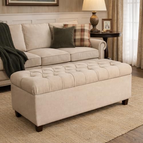 Homepop Home Decor | Tufted Ainsley Button Storage Ottoman Bench with Hinged Lid | Ottoman Bench with Storage for Living Room & Bedroom, Cream 18x40x18 inches - color: Cream
