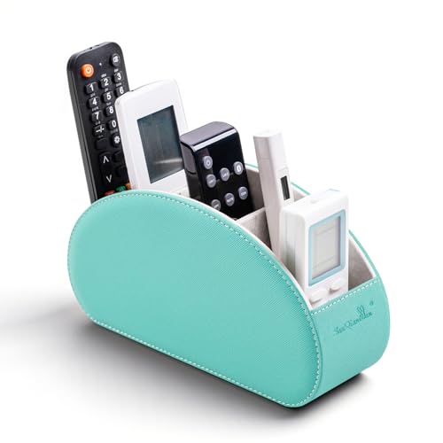 BONNY DODO Remote Control Holders Organizer Box with 5 Compartment PU Leather Multi-functional Office Desk Storage Caddy Store Tv Remote for Media Player,Brush,Pencil,Glassees&Office Supplies (Cyan) - color: Cyan, size: S