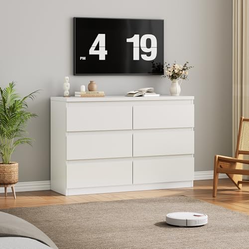 Jocoevol White 6 Drawer Dresser for Bedroom, 15.3" D x 47.2" W x 32.3" H in Simply Modern Chest of Drawers, Wood Storage Double Dresser with Deep Drawers for Living Room, Hallway Entryway, White - color: White