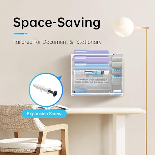 Wall File Organizer, 5-Tier Desk Organizer with 4 Pen Slots, Hanging Wall File Folder Holder with R-shaped Bottom Tray, Mesh Versatile Mail Holder Desk Organization for Office, White - color: White