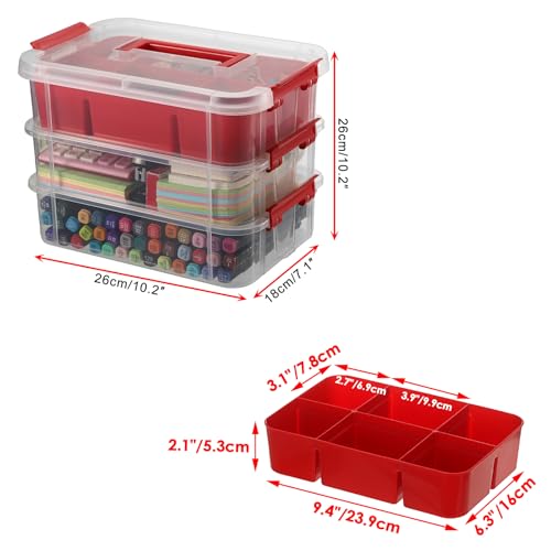 JUXYES 2Pack 3-Tiers Stack Carry Storage Box With Divided Tray, Transparent Stackable Storage Bin With Handle Lid Latching Storage Container for School & Office Supplies, Red - color: Red