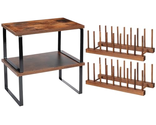 Marsui 4 Pcs Kitchen Organizer Accessories Set Cabinet Organizer Shelf and Bamboo Dish Drying Plate Rack Counter Shelves Storage Holder for Spice Rack, Dish, Pot Lid, Bowl, Cup(Deep Color) - color: Deep Color