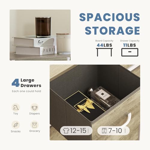 DUMOS Nightstand with 4 Drawers Bedside Table with Removable Fabric Bins Sturdy Steel Frame Wood Top Organizer Furniture for Bedroom Closet Living Room,Oak Greige - color: Oak Greige, size: 11.82"D x 17.71"W x 37.4"H (4 Drawers)