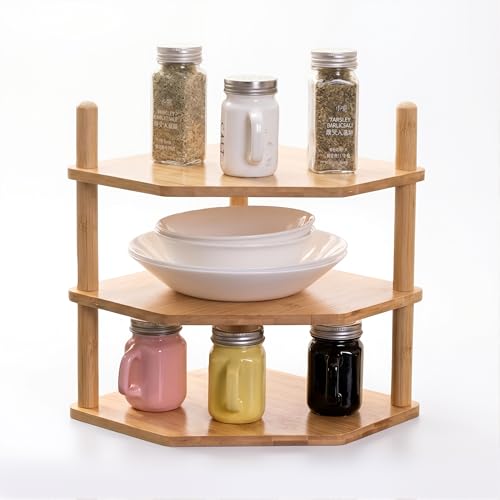 3-Tier Expandable Bamboo Corner Shelf - Dish/Plate Organizer for Cabinet, Kitchen Counter Shelf & Small Kitchen Shelf, Adjustable (Natural, 1-Pc 3.90" H) - color: 3.9"H-Natural-3