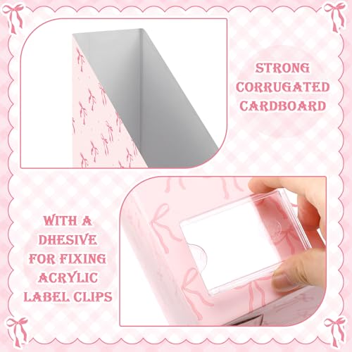 AmazingSpark Set of 4 Pink Bow Magazine File Holder Decorative Foldable Cardboard Magazine Storage Boxes with Acrylic Label Holders Coquettish Boho Organizer for Office Home Organization Storage - style: Pink Bow
