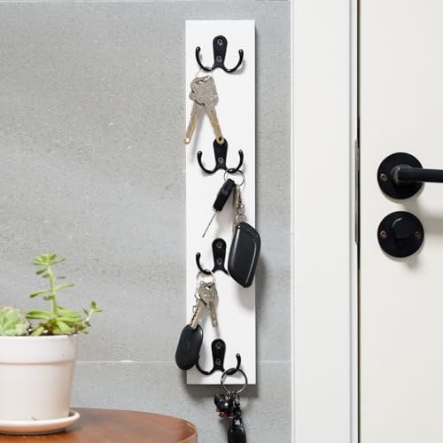 Yohsnor Vertical Wall-Mounted Key Holder – Stylish Entryway Hook Rack, Perfect for Narrow Spaces – Ideal Storage Solution for Keys, Scarves, Wallets, Belts, and Dog Leashes – Rustic Wood Key Hanger - color: White