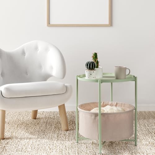 danpinera Round Side Table with Fabric Storage Basket, Metal Side Table Small Bedside Nightstand with Removable Tray Top for Living Room, Bedroom, Nursery, Laundry, Light Green - color: Light Green