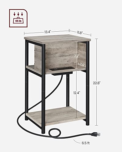 VASAGLE Side Table with Charging Station, 3-Tier End Table with USB Ports and Outlets, Nightstand for Living Room, Bedroom, 11.8 x 13.4 x 22.8 Inches, Plug-in Series, Greige and Black - color: Greige + Black
