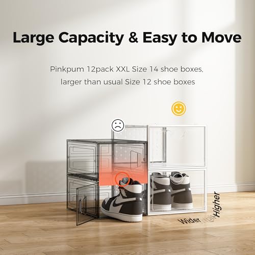 Pinkpum XXL Larger Shoe Storage Boxes Fit Size 14, Clear Plastic Stackable Shoe Organizer 12 Pack Sneaker Storage for Sneakerheads Shoe Containers - color: White, size: 12 Pack XX-Large