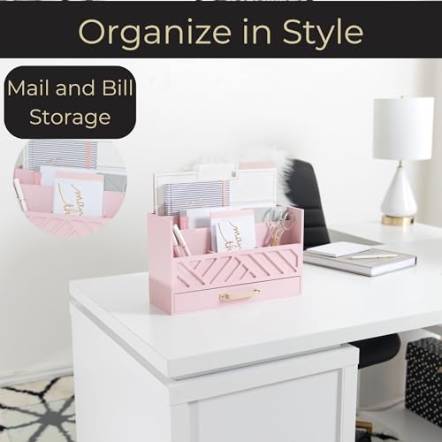 BLU MONACO | Pink Desk Organizers Wooden Mail Organizer with Drawer | Mail Sorter Organizer Countertop Gold Handle | Desk Organizers and Accessories Pink Office Storage - color: Pink