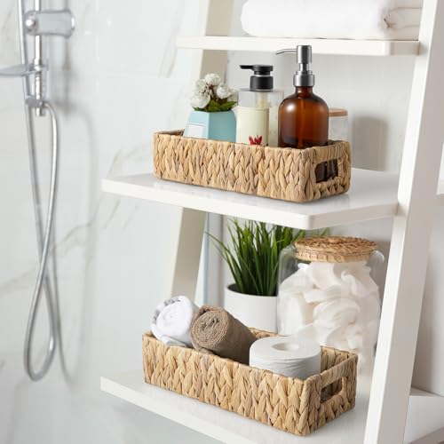 dreamkey Set of 2 Water Hyacinth Toilet Paper Storage Baskets, Wicker Bathroom Organizer for Toilet Tank Top, Small Hand-Woven Decorative Nesting Baskets with Handles - style: Rustic