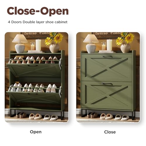Maupvit Shoe Storage Cabinet with 2 Flip Drawers, Freestanding Shoe Organizer with Metal Legs for Entryway, Narrow Shoe Rack Cabinet, Green - color: Green, style: 2-Drawers
