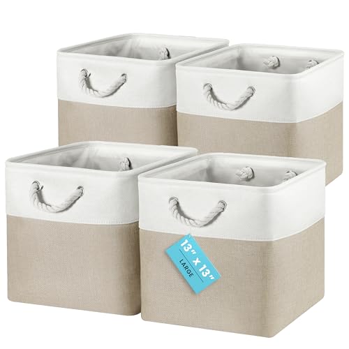 OrganiHaus 13x13 Cube Storage Bins 4 Pack, Foldable Cube Storage Organizer w/ Rope Handles, Collapsible Fabric Bins for Toys, Clothes & Closet Organization, Fabric Square Baskets - Beige/White - color: Beige Base / Off-White, size: 4 pcs (13x13)