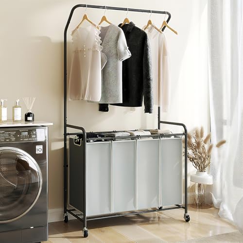 ROMOON Laundry Hamper Sorter Cart: 4 Section Organizer with Hanging Bar and Heavy-duty Lockable Wheels | 180L Rolling Laundry Basket with Clothes Rack in Laundry Room or Small Spaces (Grey) - color: grey