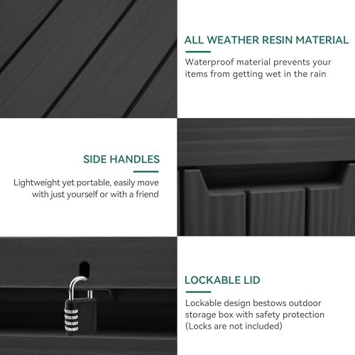 YITAHOME Outdoor Storage Box, 45 Gallon Waterproof Resin Deck Box, Lockable Organizer for Patio, Poolside, Deck, Cushions, Throw Pillows, Garden Tools, Black - color: Black, size: 45 Gallon, style: Deck Box