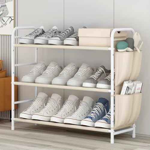 3 Tier Shoe Rack with Side Pockets, Shoe Organizer Space Saver Storage for 7-9 Pairs Shoes Storage Shelf Sturdy Free Standing Metal Long Shoe Holder Organizer for Closet, Entryway Beige - color: Beige, size: 3 Tier