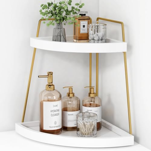 Forbena Corner Bathroom Counter Organizer, 2 Tier Bathroom Organizer Countertop, Small Bathroom Sink Top Trays Corner Shelf Stand for Makeup Vanity Perfume Skincare Decor Storage (White and Gold) - color: Gold-white