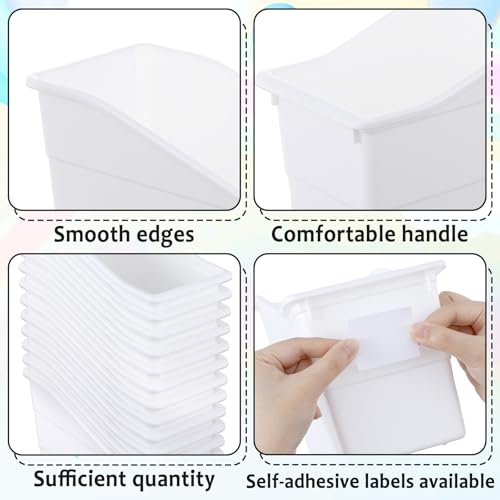 12 Pack Large Book Bins, Durable Magazine Organizer File Holder High-Quality Plastic Book Storage Bins with Labels for Classroom Library, Office, Desktop Organization, Bookshelf Categorization (White) - color: White