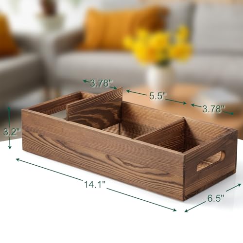 14 Inch Wood Bathroom Basket with Removable Dividers - 3 Comparments Wooden Toilet Paper Basket with Handle for Back of Toilet Tank Topper - Storage Organizer for Bathroom Kitchen Pantry Organization - color: Brown