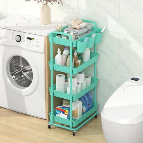 JIUYOTREE 4-Tier Plastic Rolling Storage Cart Utility Cart with Extra Hanging Cups Handles Lockable Wheels for Living Room Bathroom Kitchen Office Green - color: Green, size: 4-Tier