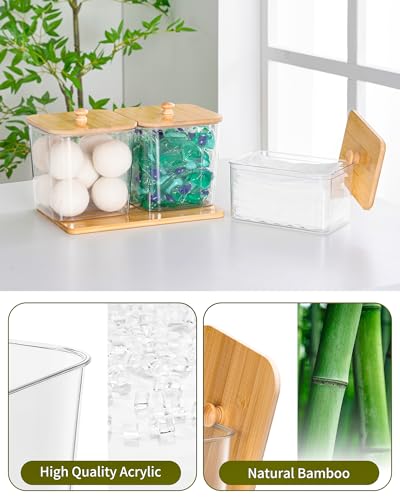 iCASA Trash Bag Dispenser Dishwasher Pod Holder - 5 in 1 Plastic Garbage Bag Under Sink Organizer, Acrylic Dryer Sheet Balls Laundry Pods Container with Bamboo Lid, Pantry Organizers and Storage Box - size: 5 in 1