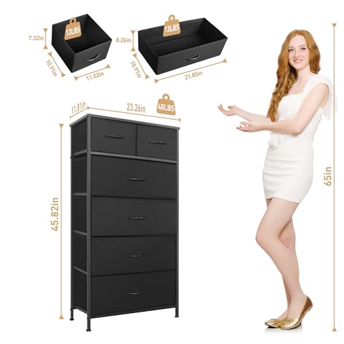 Mifuro Tall Dresser for Bedroom, Vertical Storage Organizer Tower with 6 Drawers, Chest of Drawers with Fabric Bins, Steel Frame, Wood Top for Bedroom, Closet, Entryway- Black - color: Black, size: 6 Drawers