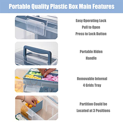 Clear Plastic Arts & Craft Supplies Organizer Box Large with a Removable Tray & A Partition & Handle, Office Home School Desktop Stationery Storage Box, Medicine Box (Clear & Ocean Blue) - color: Clear with Ocean Blue, size: Large