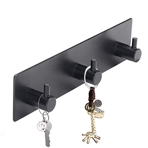Key Holder (3 Hooks) - Sturdy Self Adhesive Stainless Steel, Matte Black, Wall Mount, Damage Free, Extra Thick, for Keys and Masks, Entryway, Hallway - color: Matte Black