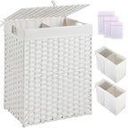 Greenstell Laundry Hamper with 2 Removable Liner Bags，90L Divided Clothes Hamper, Handwoven Synthetic Rattan Foldable Laundry Basket with Lid and Handles White (18.5 x 13.3 x 24.0Inches) - color: White, size: 90L (18.3x13.3x24.0 Inches)