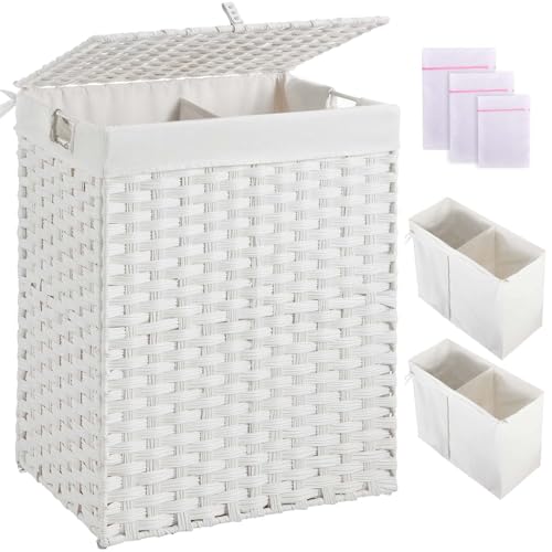 Greenstell Laundry Hamper with 2 Removable Liner Bags，90L Divided Clothes Hamper, Handwoven Synthetic Rattan Foldable Laundry Basket with Lid and Handles White (18.5 x 13.3 x 24.0Inches) - color: White, size: 90L (18.3x13.3x24.0 Inches)