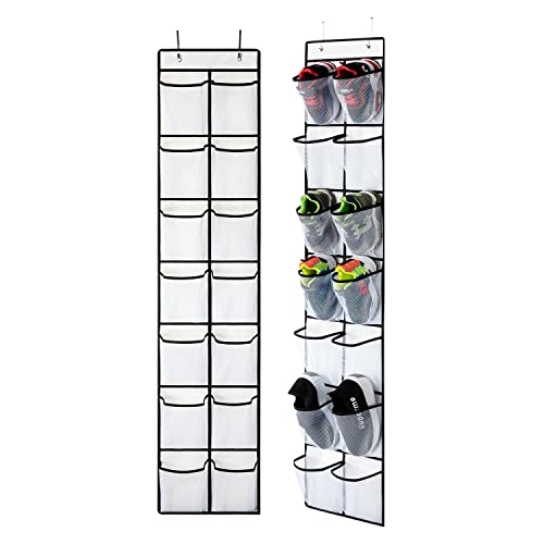 KEEPJOY Over the Door Shoe Organizer, Hanging Shoe Organizer with 4 Hooks, Shoe Holder with 14 Mesh Pockets Closet Door Shoe Storage Bag (White-2Pack) - color: White-2 Pack of 14